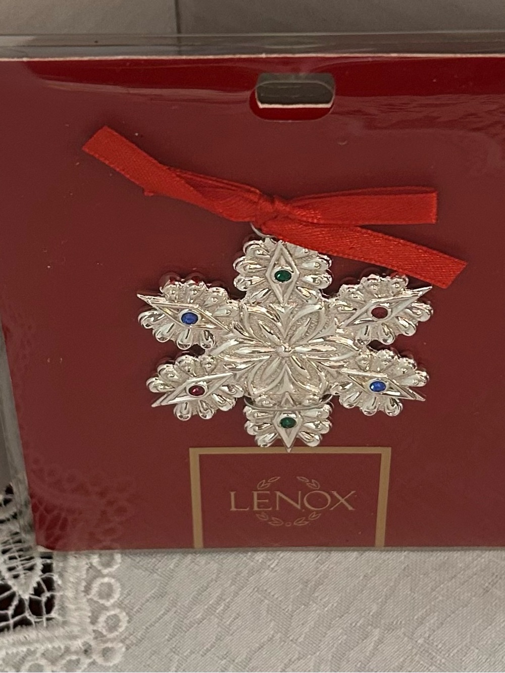 Lenox Silver Snowflake Ornament with Red Ribbon and Multi-Colored Accents